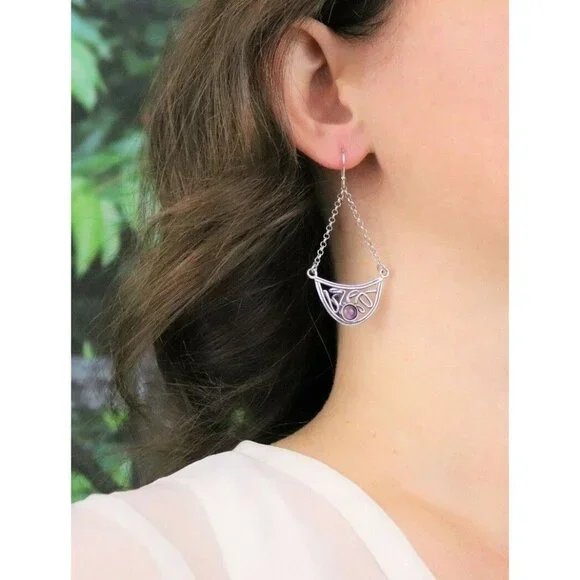 Sterling Silver Purple Amethyst Earrings Dangle Drop Earrings - Picture 3 of 7